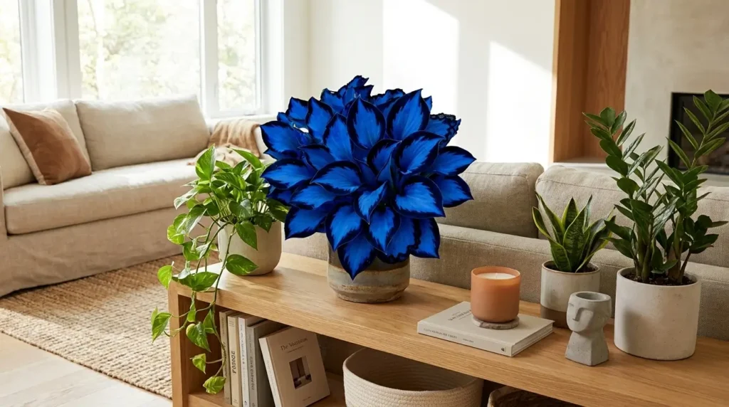 Midnight blue heart plant displayed on a shelf in a modern living room