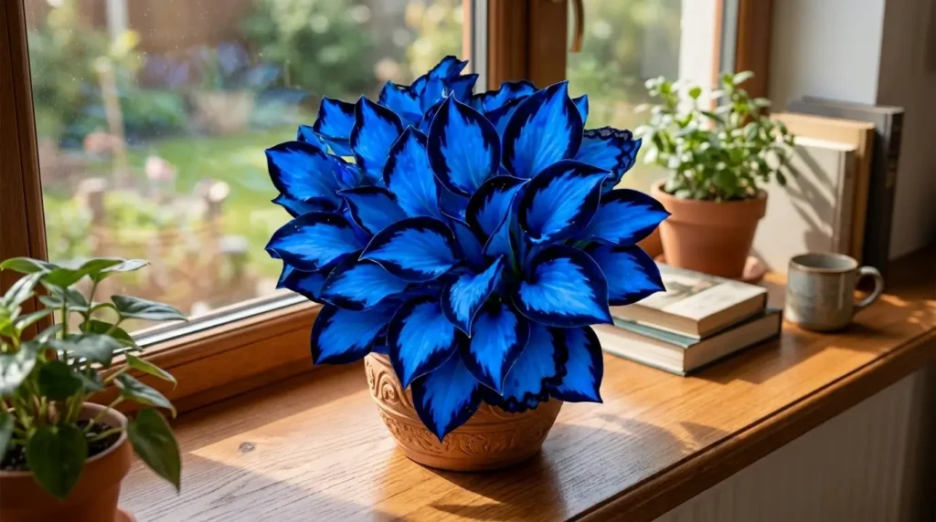Midnight blue heart plant in a ceramic pot on an indoor windowsill