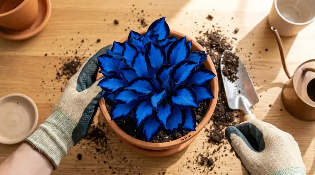 Hands repotting a blue-leaved houseplant indoors in a terracotta pot