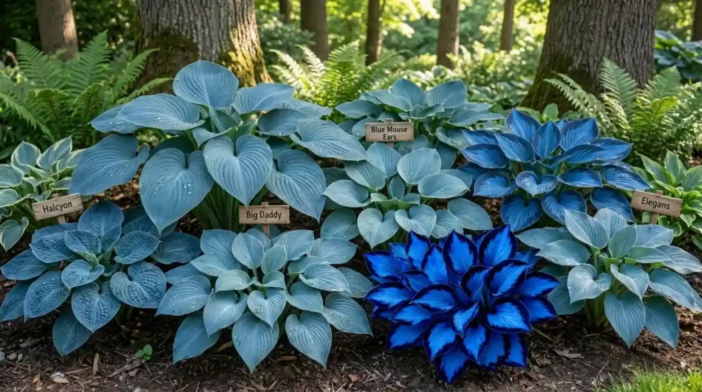 Different varieties of midnight blue heart plant with varying leaf shapes and shades