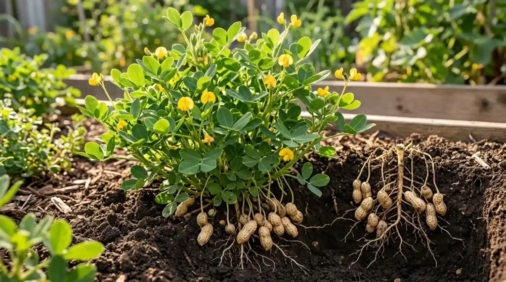 Peanut plant growing in garden soil with pods forming underground