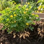Peanut plant growing in garden soil with pods forming underground