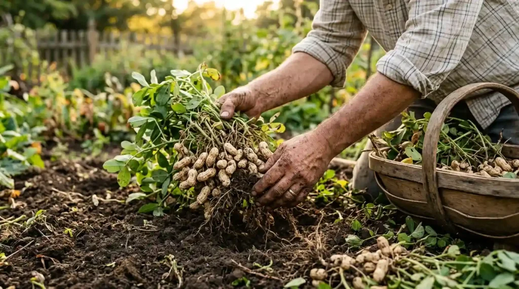 Hands harvesting fresh peanuts with pods attached to the roots