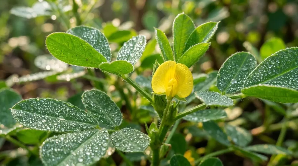 Close-up of a peanut plant's yellow flower and green leaves