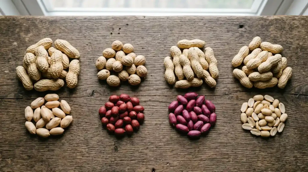 Different types of peanut plant varieties including Virginia, Spanish, Valencia, and Runner peanuts
