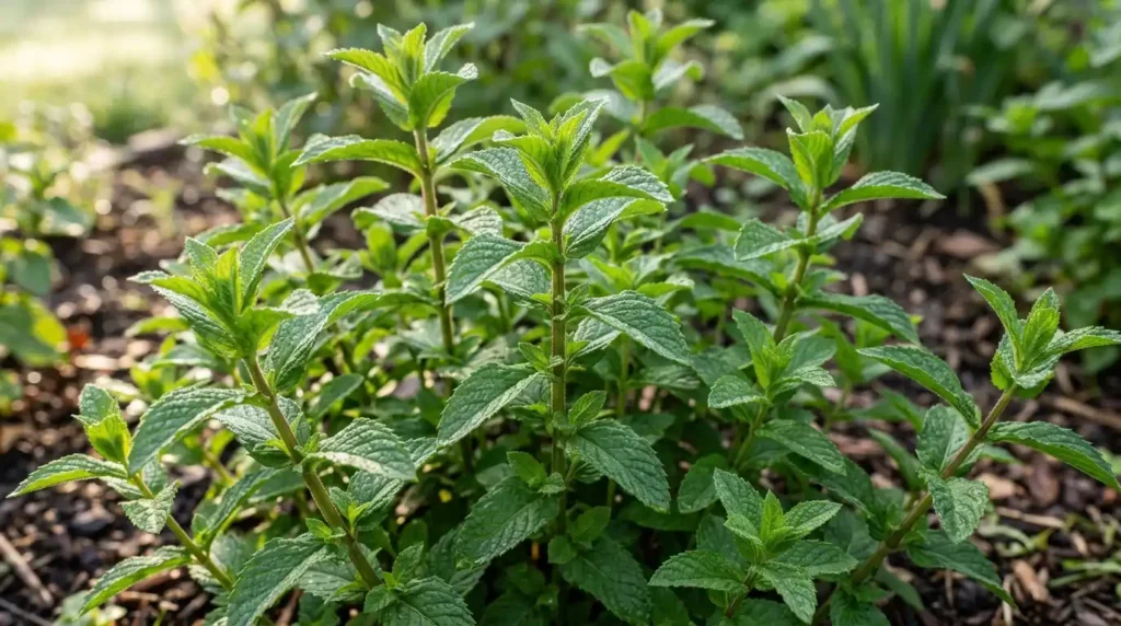 Healthy peppermint plant growing outdoors with dense green leaves in a sunny garden bed