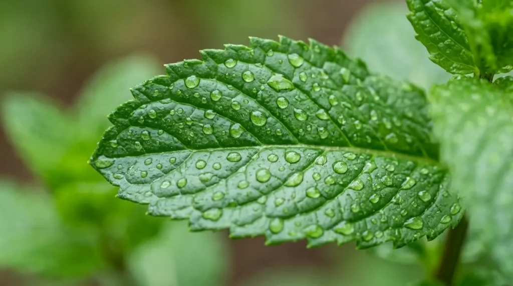 Close-up of mint leaves with water droplets showing proper watering care