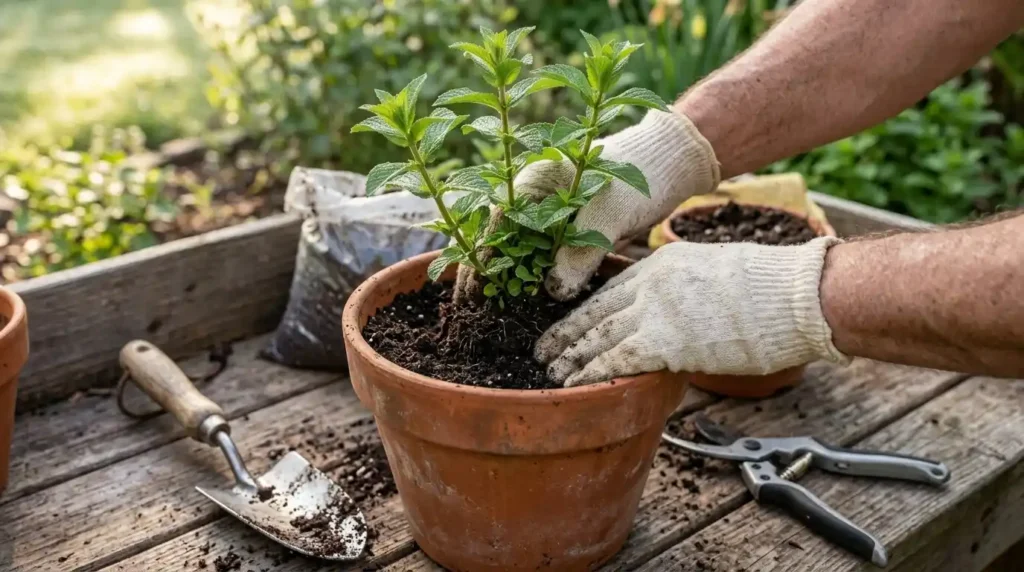 Gardener planting a divided peppermint plant into a terracotta pot with fresh soil