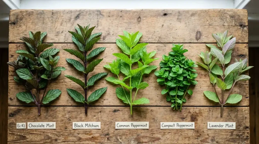 Five varieties of peppermint plant leaves arranged together showing color and texture differences