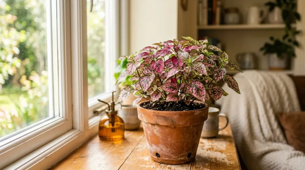 Polka dot plant care guide showing a pink-speckled Hypoestes in a terracotta pot near a window