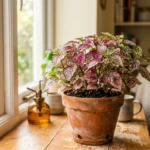 Polka dot plant care guide showing a pink-speckled Hypoestes in a terracotta pot near a window