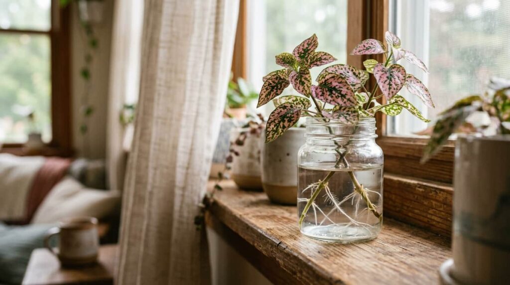Stem cuttings rooting in a glass jar of water on a sunny windowsill