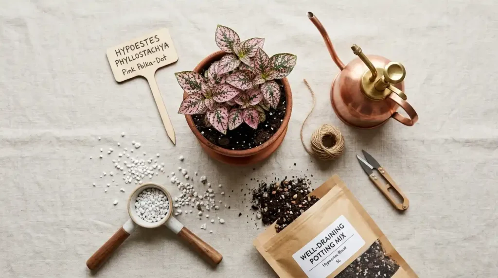 Flat lay of polka dot plant care essentials including potting soil, perlite, and a watering can