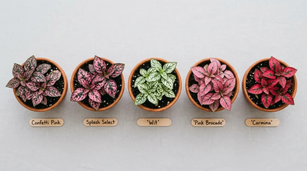 Polka dot plant care guide comparing popular cultivars including Confetti, Splash Select, Wit, Pink Brocade, and Carmina