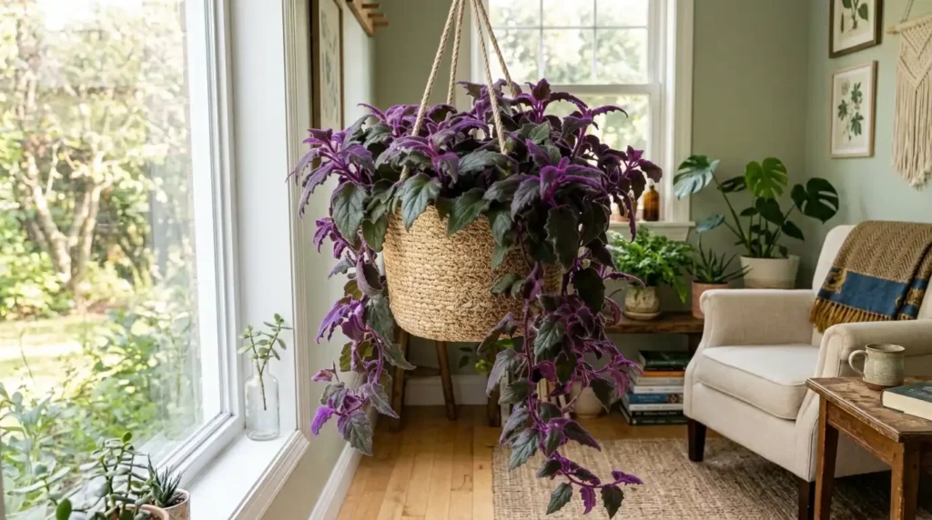 Trailing purple passion plant in a hanging basket demonstrating proper care and light placement