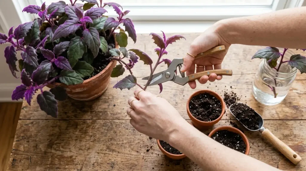 Hands taking stem cuttings as part of purple passion plant care propagation