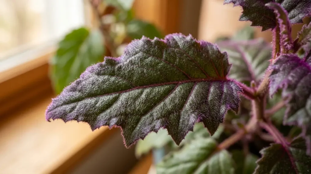 Close-up of fuzzy violet leaves showing purple passion plant care details