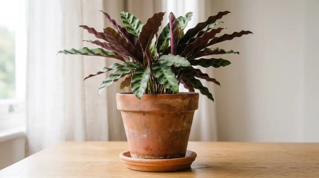 Healthy rattlesnake plant in a terracotta pot, an example of proper rattlesnake plant care near a bright window