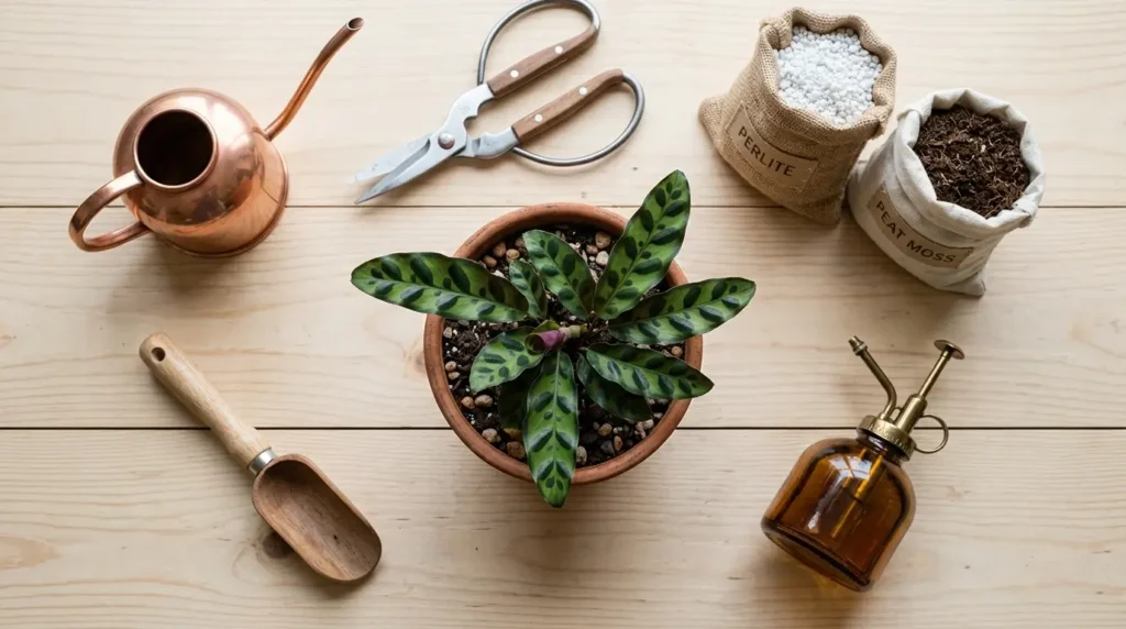 Flat lay of tools and supplies needed for rattlesnake plant care, including soil mix, watering can, and mister