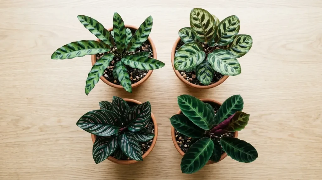 Side-by-side comparison of rattlesnake plant varieties, including peacock plant and pinstripe plant look-alikes