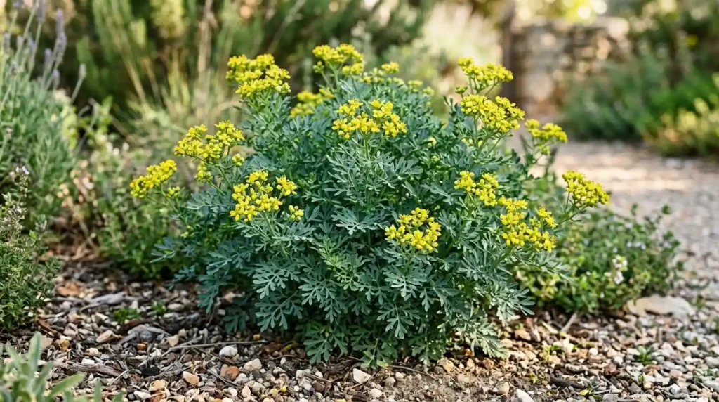 Rue plant care guide — healthy Ruta graveolens with blue-green foliage growing in a sunny garden bed