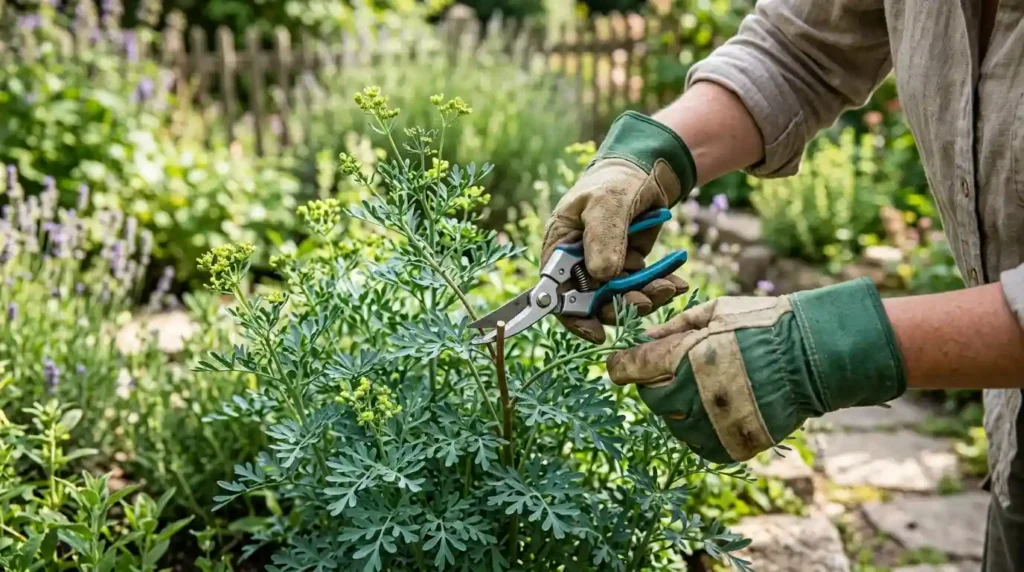 Rue plant care pruning technique — gardener wearing gloves trims a rue plant safely