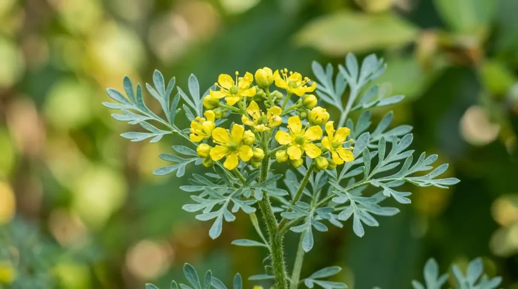 Close-up of rue plant care details — blue-green foliage and yellow flowers of Ruta graveolens