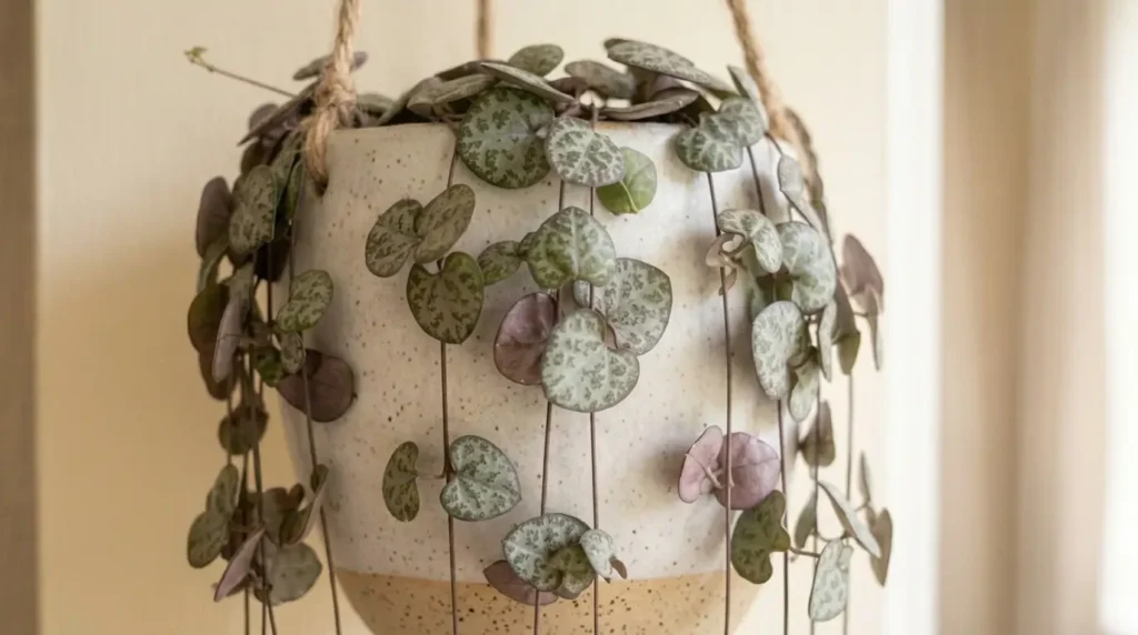 String of hearts plant care shown in a trailing hanging basket indoors
