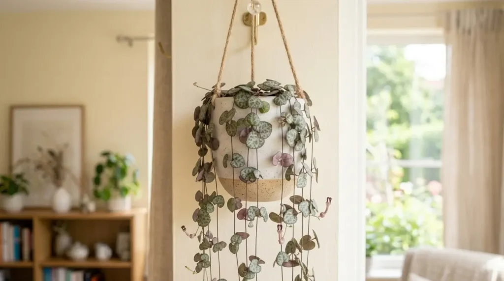 Trailing Ceropegia woodii vine with heart-shaped leaves in a hanging planter