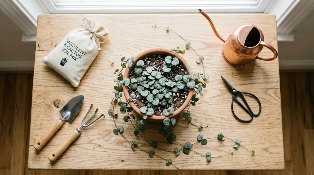 Flat lay of tools used for string of hearts plant care including soil and watering can