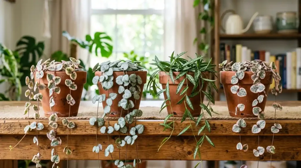 Different string of hearts plant cultivars compared side by side by leaf pattern