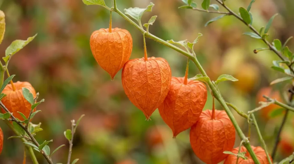 Close-up of orange papery pods on a Chinese lantern plant