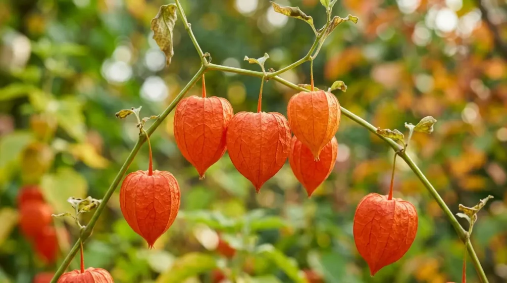 Close-up of vivid orange papery pods on thin green stems