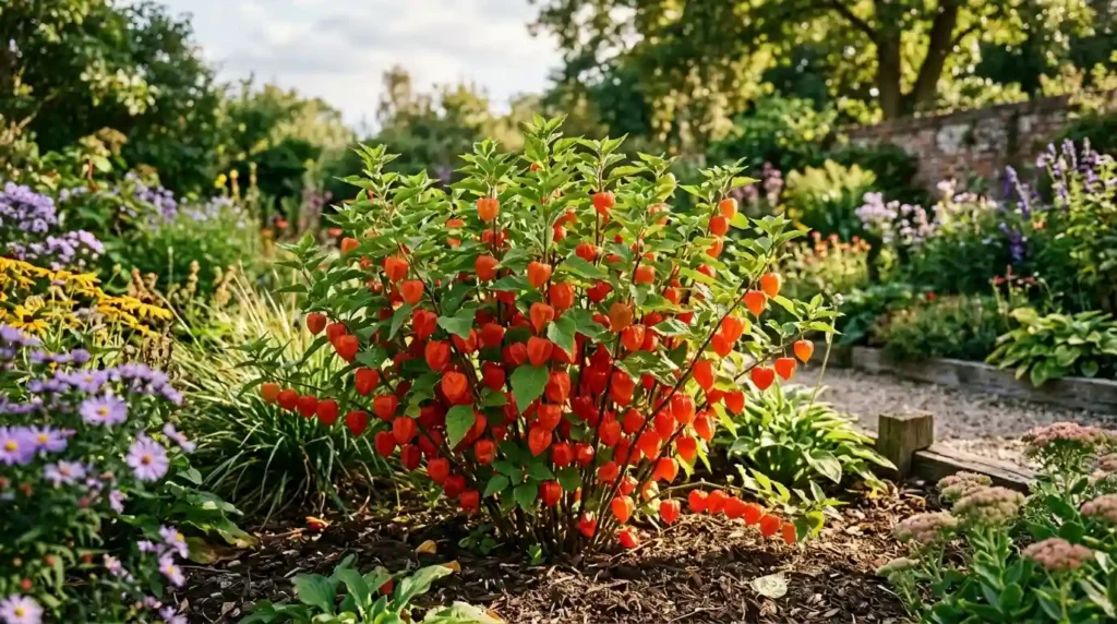 Full-grown Chinese lantern plant growing in a sunny garden bed