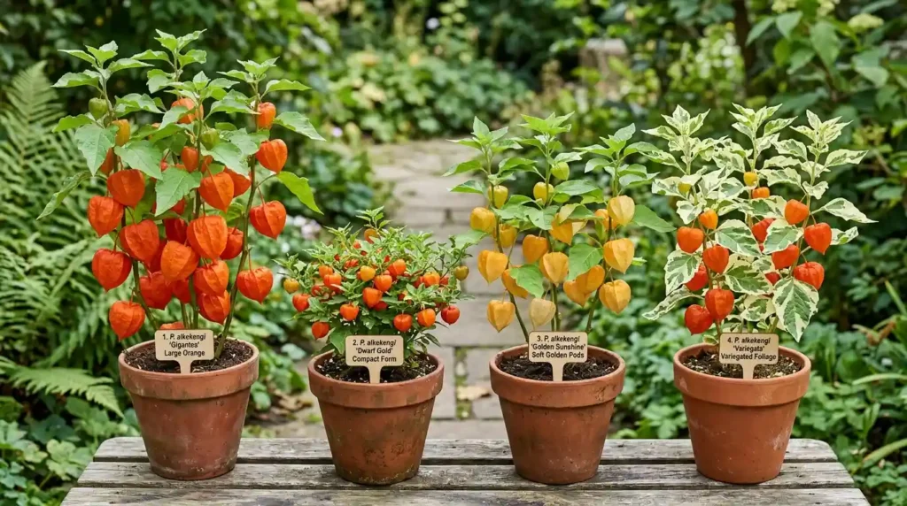 Different types of Chinese lantern plant varieties side by side