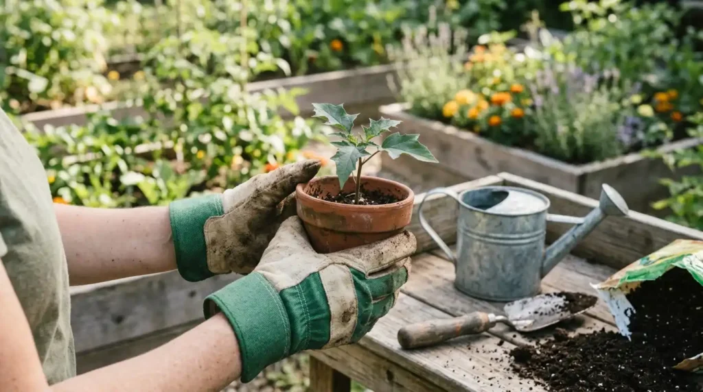 Gardener potting a young devil's weed plant seedling