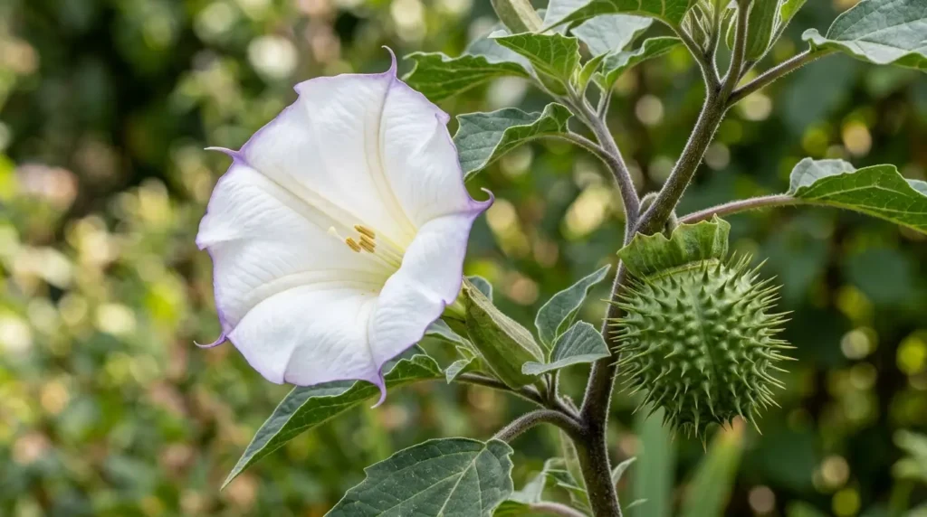 Close-up of a devil's weed plant flower blooming in a garden