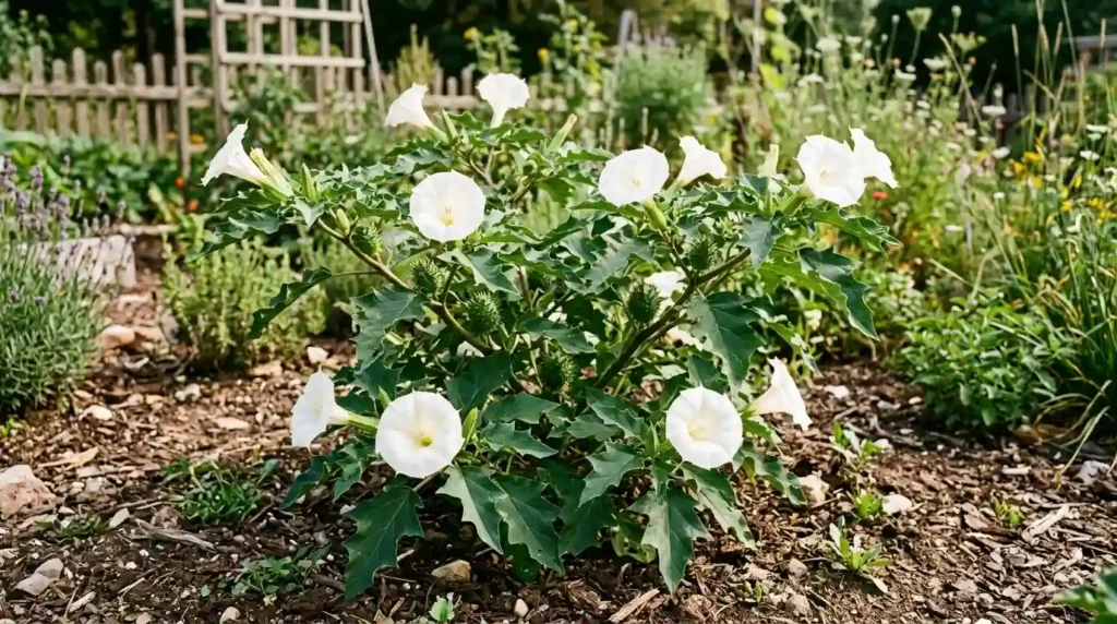 A mature devil's weed plant growing outdoors in a garden bed