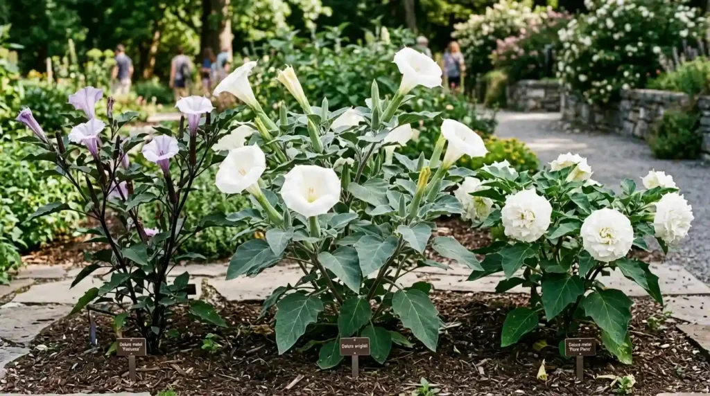 Different varieties of devil's weed plant with purple and white blooms