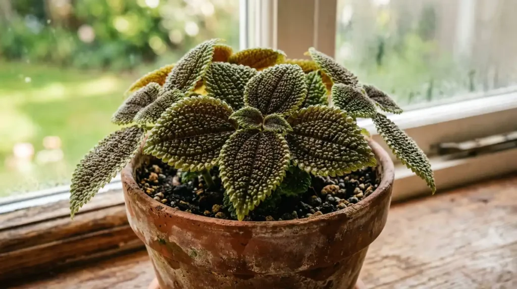 Close-up of a friendship plant with quilted leaves, ideal for friendship plant care beginners