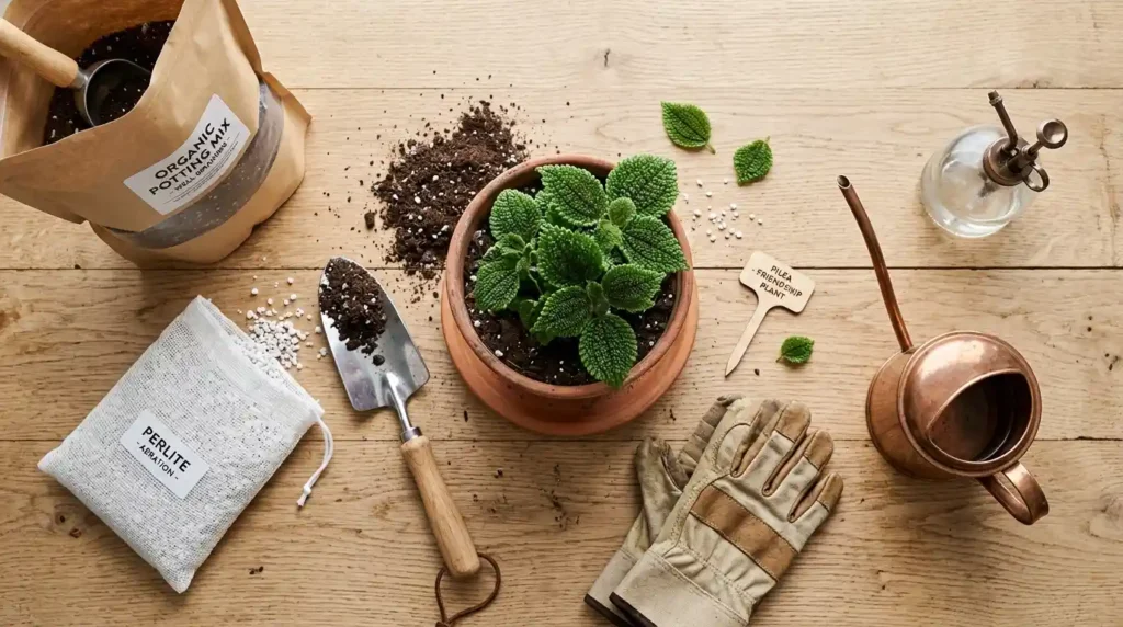 Potting supplies and well-draining soil mix arranged for repotting a tropical houseplant