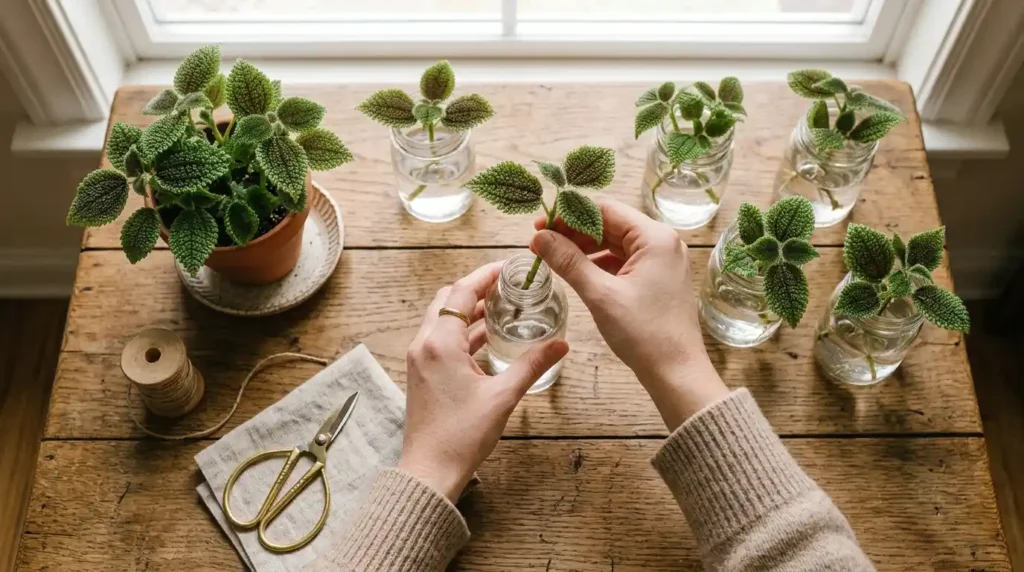 Hands rooting stem cuttings in water as part of easy friendship plant care propagation