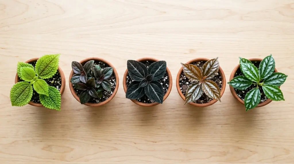 Five friendship plant varieties including Moon Valley and Norfolk Pilea in small pots