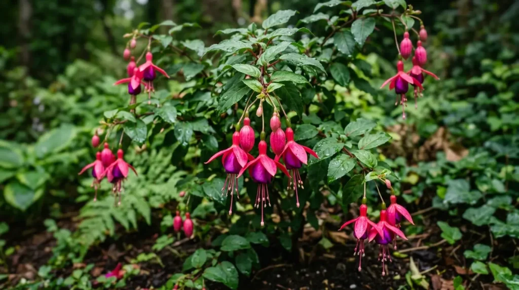 Fuchsia plant care guide showing pink and purple blooms in a shaded garden
