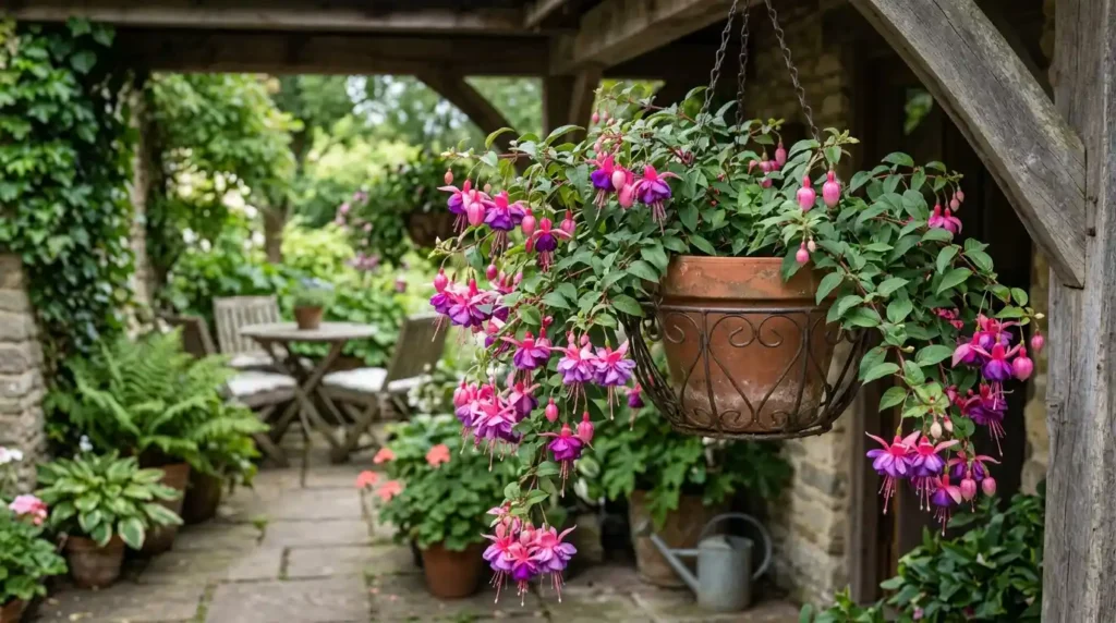 Trailing fuchsia with cascading pink and purple blooms in a hanging basket on a shaded porch