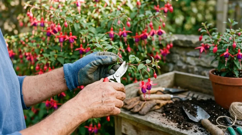 Hands pruning a fuchsia plant as part of routine fuchsia plant care
