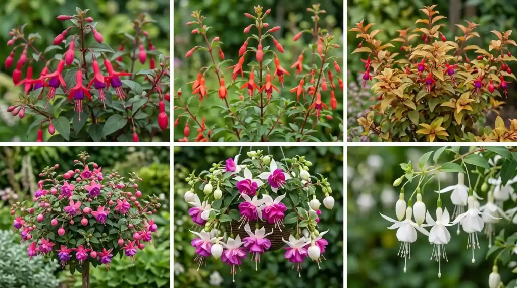 Different types of fuchsia plant varieties with colorful blooms and foliage