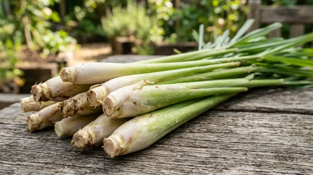 Freshly harvested lemon grass plant stalks with pale root ends on a wooden table