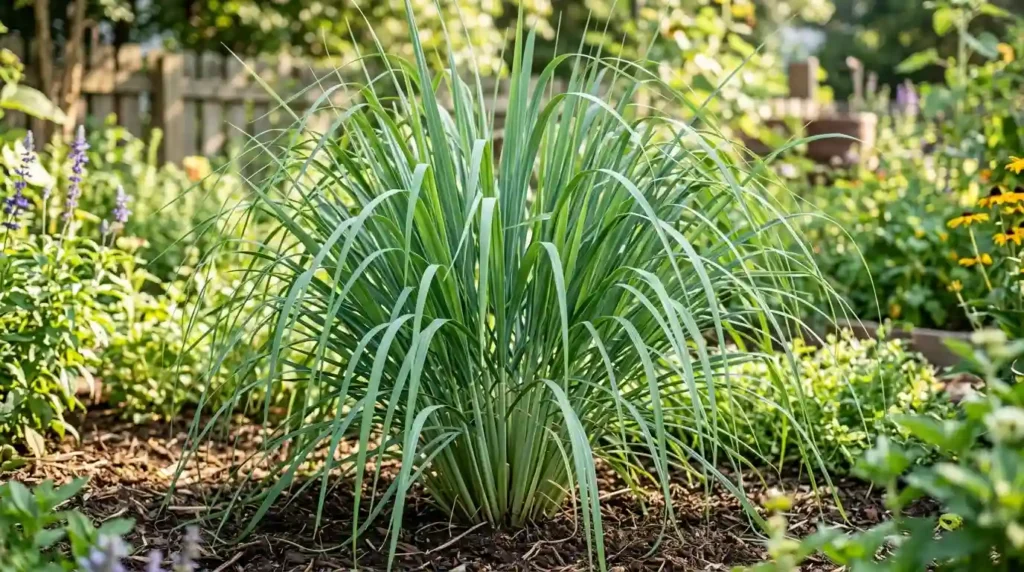 Lemon grass plant with tall arching blades growing in a sunny outdoor garden bed