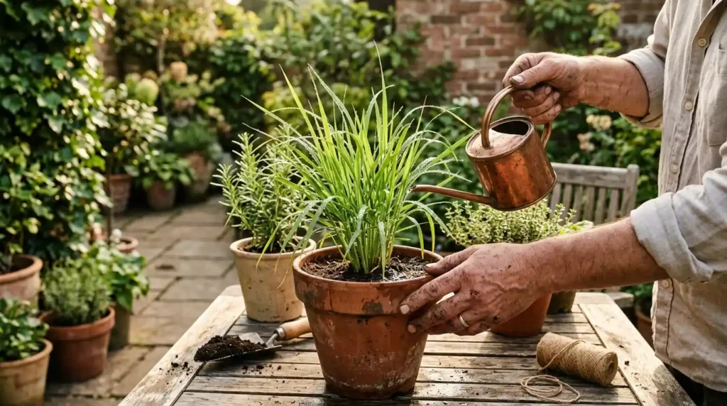 Gardener watering a young lemongrass seedling growing in a terracotta pot